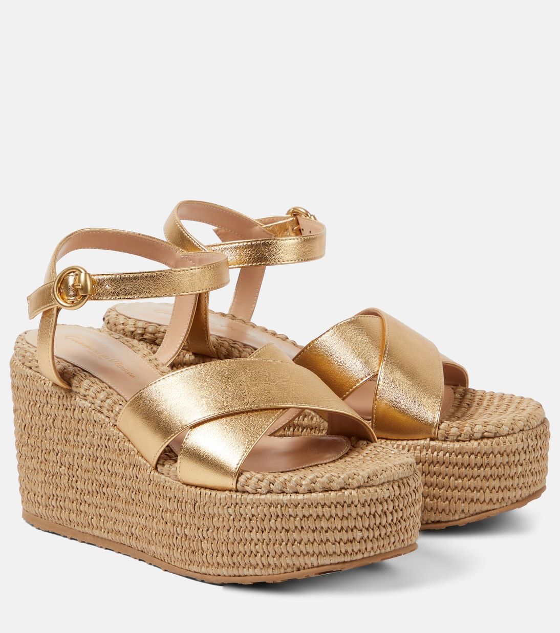 【Gianvito Rossi】レザーアンドラフィアプラットフォームサンダ