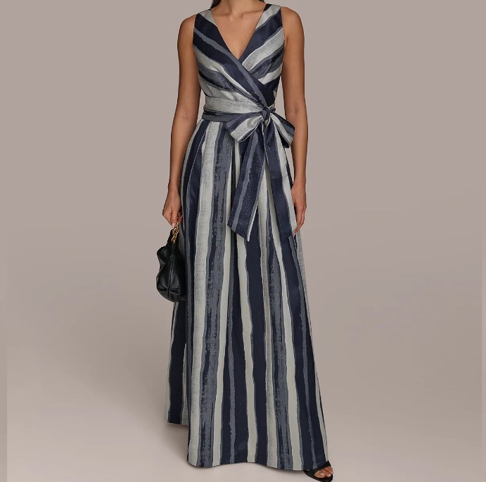 【Donna Karan New York】Striped Belted Gown