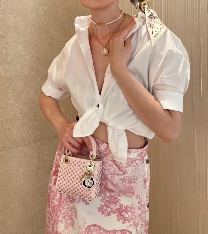 Dior《Dioriviera フレアミディスカート》白/Pink コットン 直営