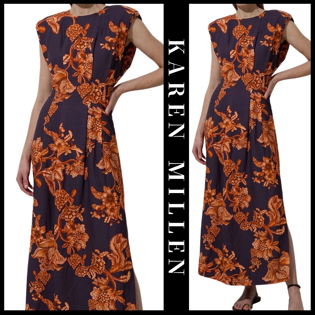 KAREN MILLEN 日本未入荷 花柄 ネイビー リネン マキシドレス
