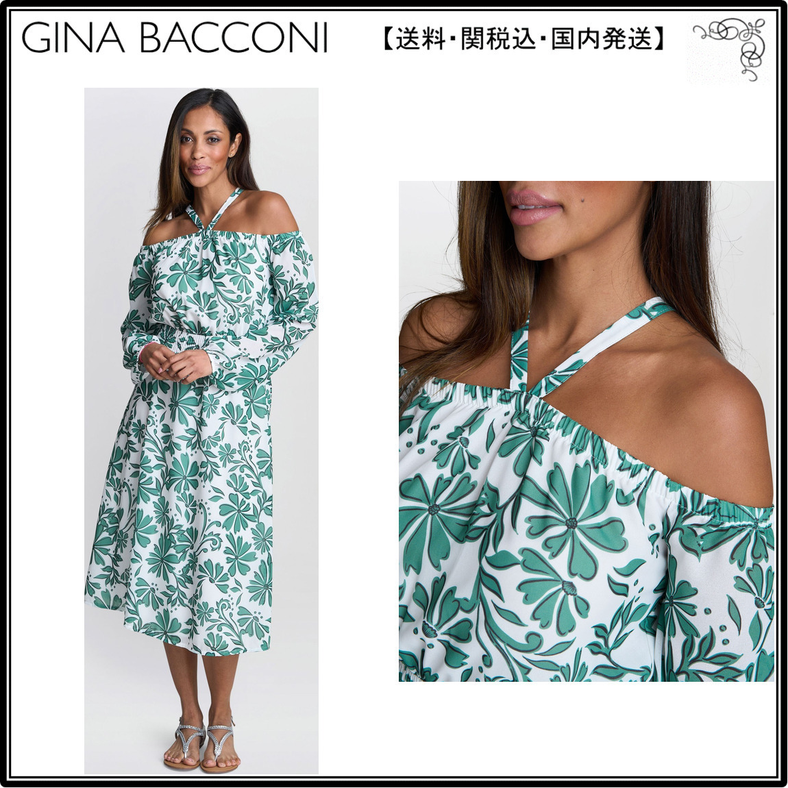 【海外限定】GinaBacconi ドレス☆Green Ryan Off Shoulder Midi