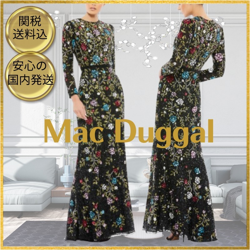 ★Mac Duggal★ Black 花柄 ハイネック 長袖ドレス
