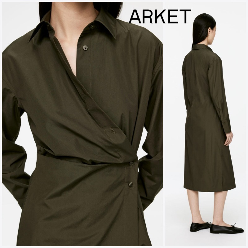 【ARKET】ラップ風デザインの上品カーキシャツワンピース