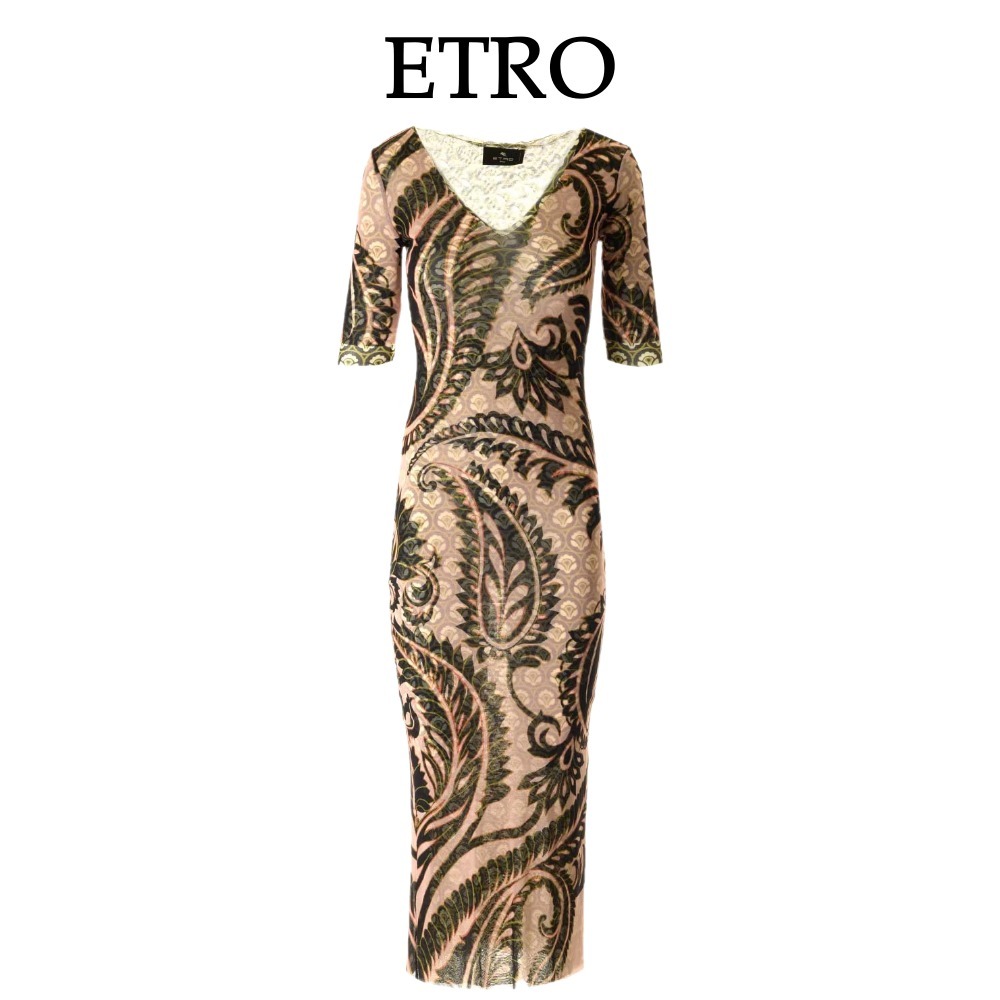 【ETRO】ペイズリープリント Vネック チュール マキシドレス