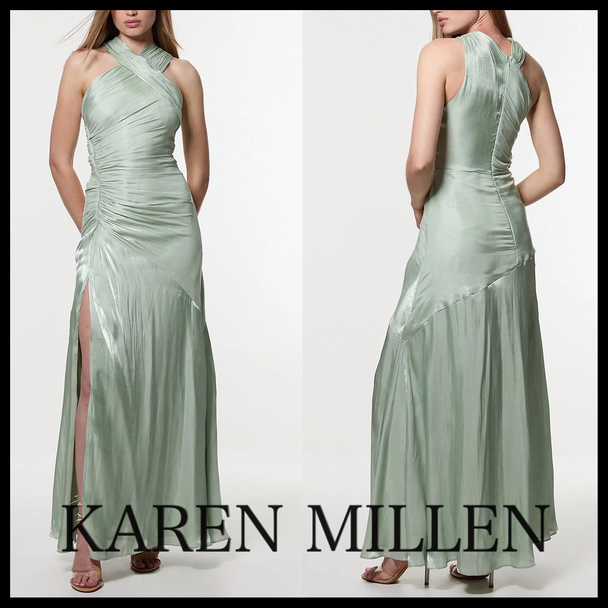 KAREN MILLEN* リキッドメタリックスプリットマキシドレス