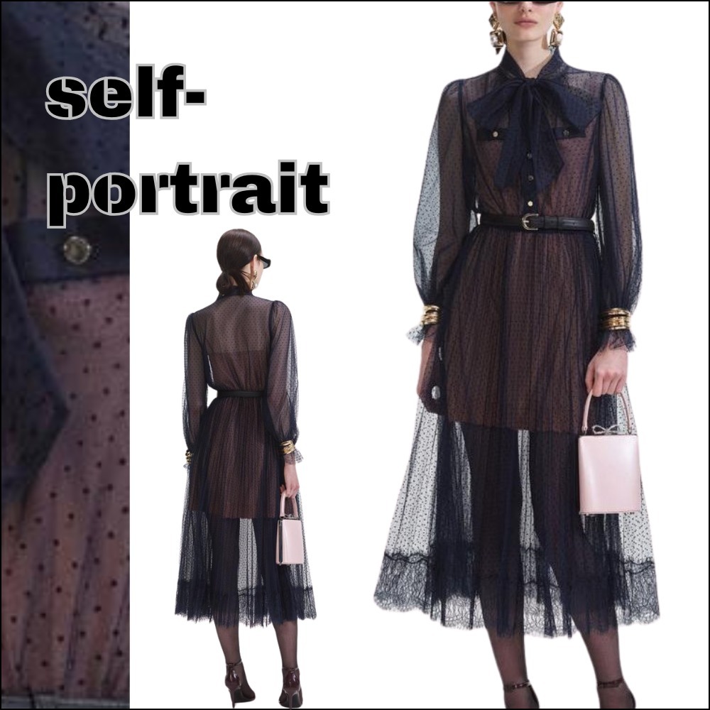 【self-portrait】ミディ ドレス メッシュ ドット 長袖 ネイビー