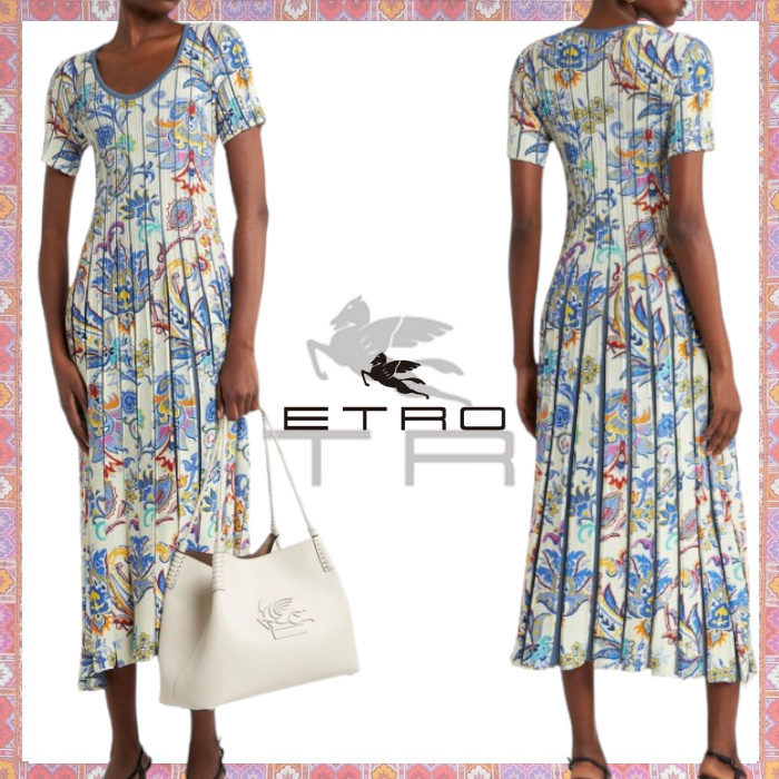 ETRO▼プリントリブ コットンニット ミディアムフレア ドレス