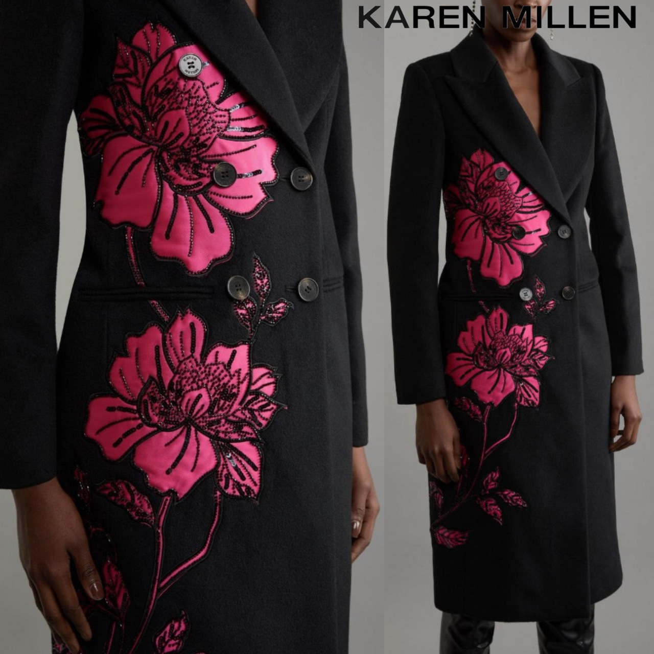 【KAREN MILLEN】ウールブレンド サテンアップリケ装飾 コート