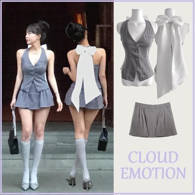 韓国【CLOUDEMOTION】ホルターネック バックリボンセットアップ