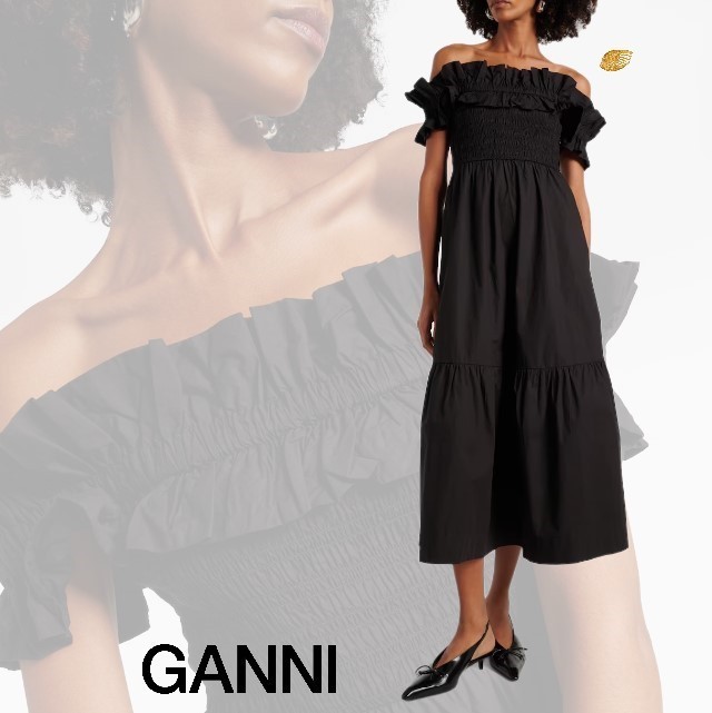 国内発| GANNI フリルオフショルダー スモックポプリンドレス