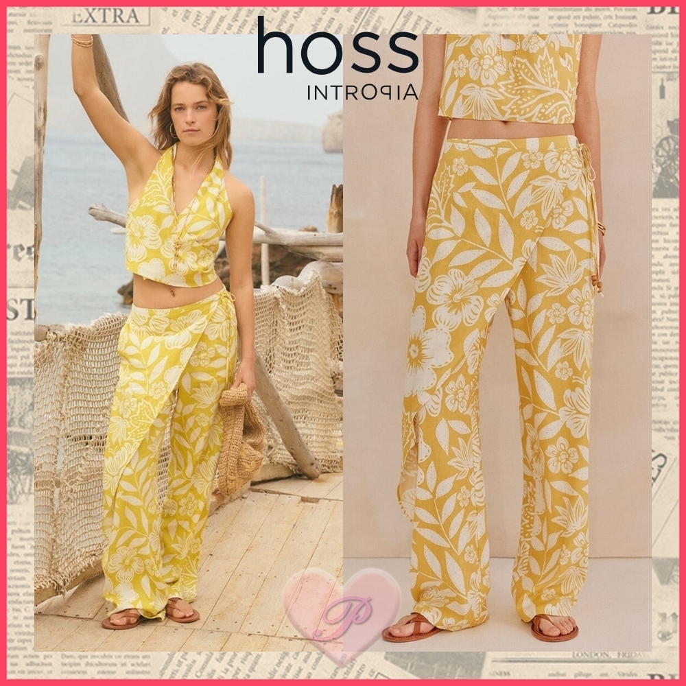 【hoss intropia】パレオ風サロン付きトロピカルリーフ柄パンツ