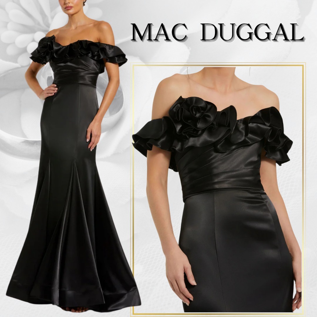 【MAC DUGGAL】ロングドレス ブラック オフショルダー フリル