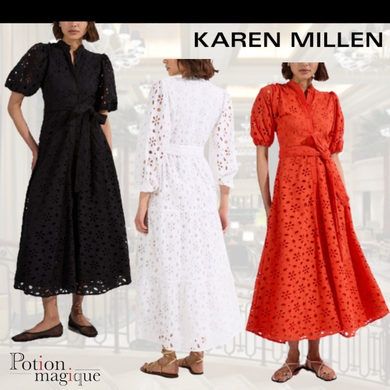 ★Karen Millen★ ブロデリーベルト半袖ウーブンミディドレス