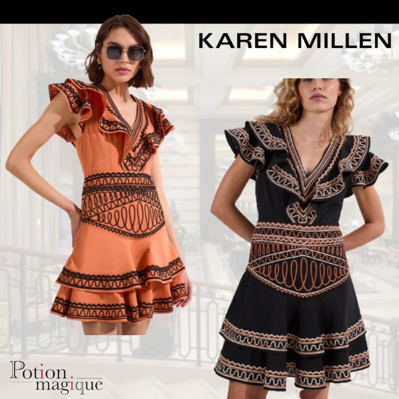 ★Karen Millen★ 刺繍コットンリネン織りプランジミニドレス