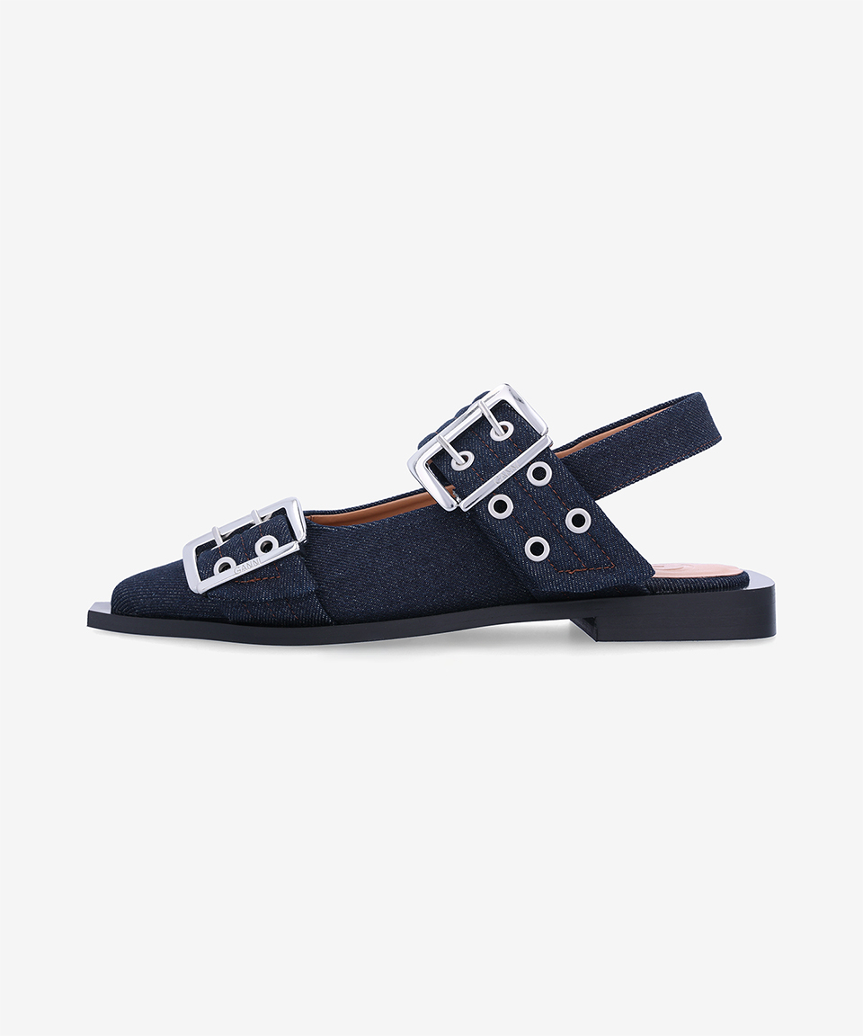 【GANNI】 Feminine Buckle Ballerina Denim Flat Shoes