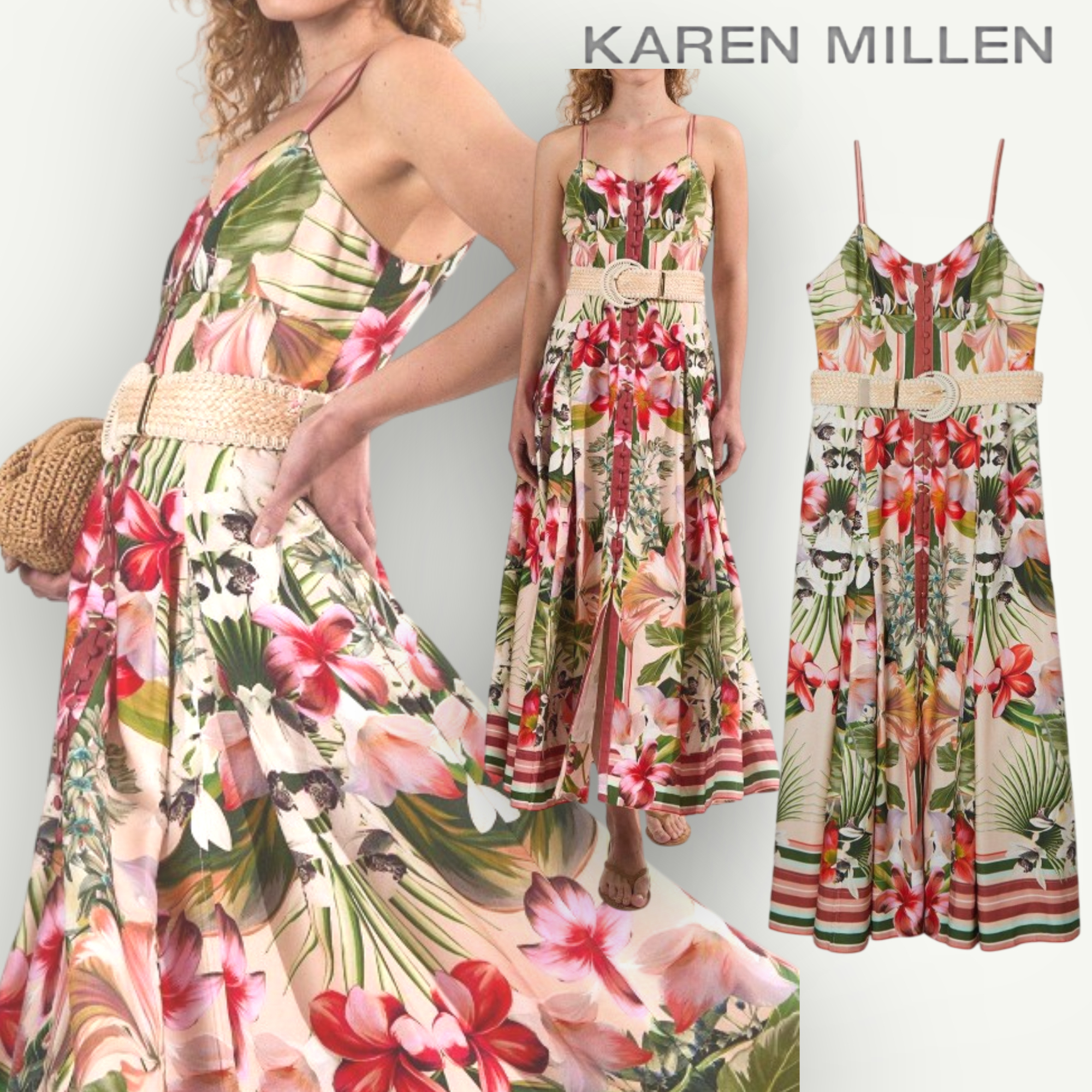 【KAREN MILLEN】リネン フローラル ベルト付き マキシドレス
