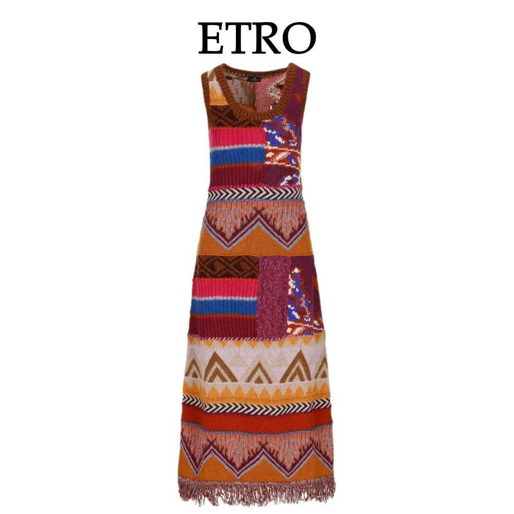 【ETRO】ロング パッチワーク ニット ノースリーブ ドレス