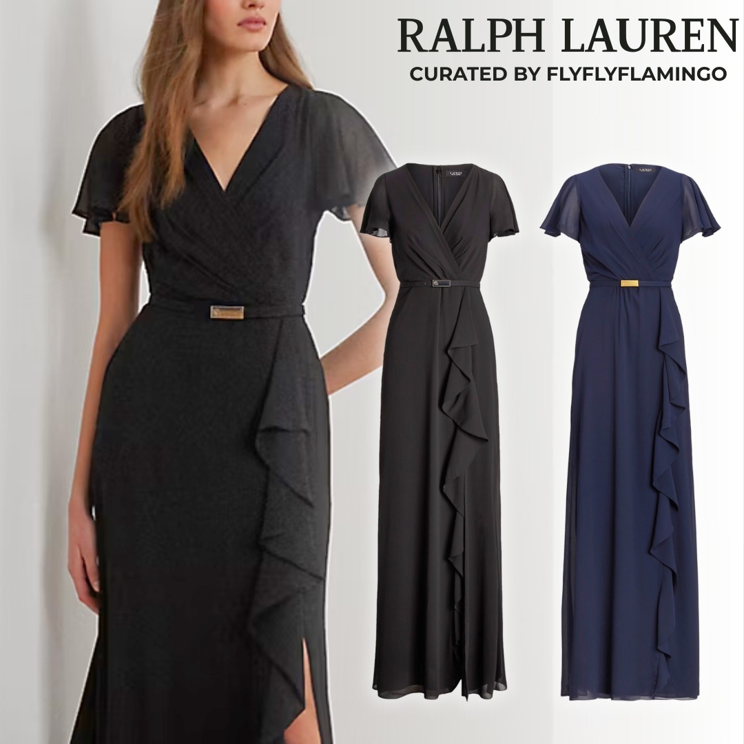 【RALPH LAUREN】ベルト付き 半袖 フリルスリーブ ガウン ドレス