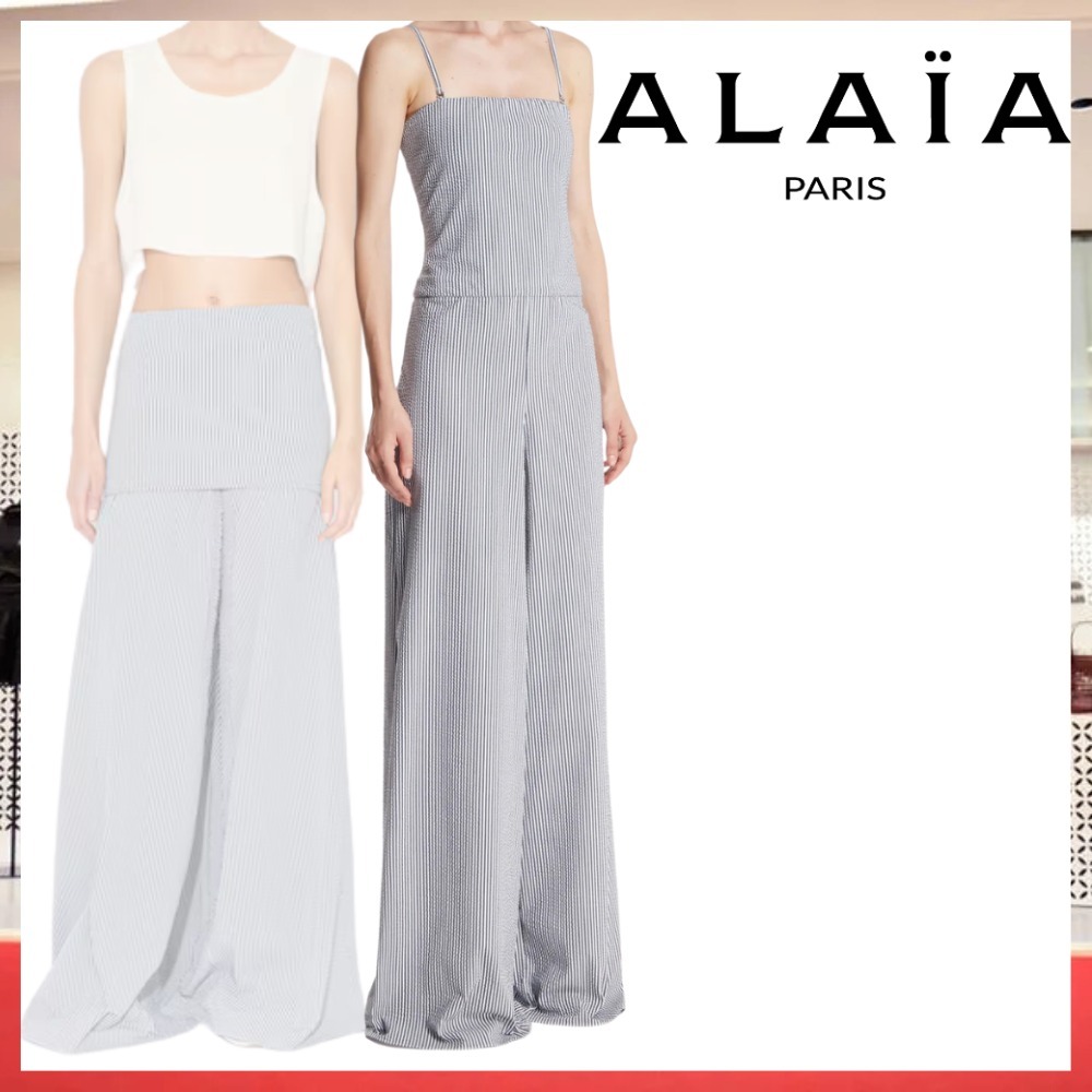 新作【ALAIA】ストライプ シアサッカーコットン ジャンプスーツ