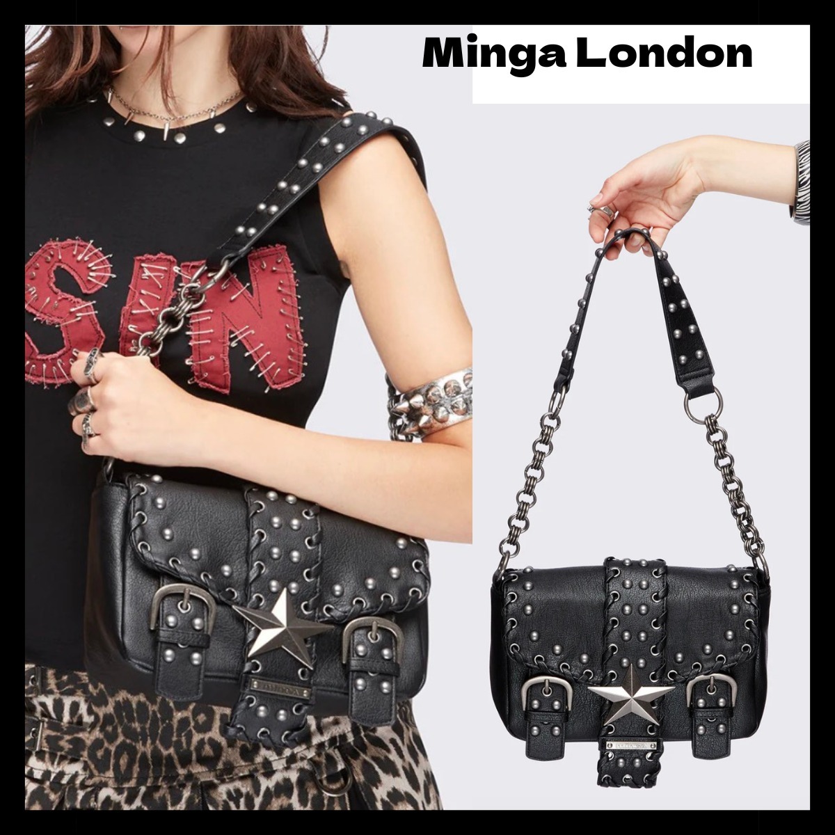 男女兼用【Minga London】Jet Star スタッズ ショルダー バッグ