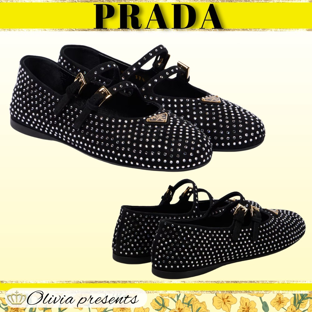 【PRADA】ロゴ装飾スエードバレエフラット