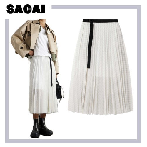 [SACAI]ベルト付きプリーツストライプボイルミディスカート