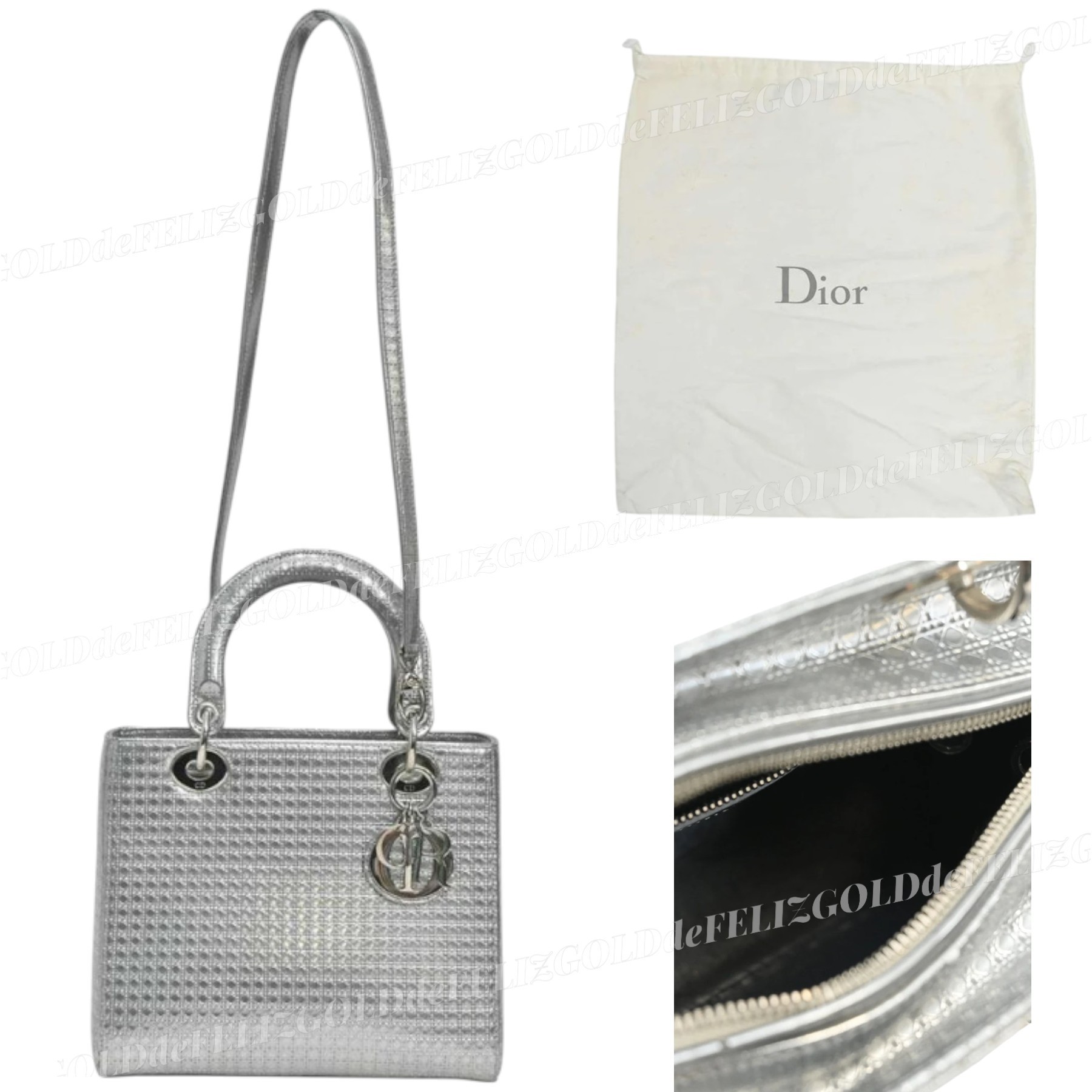 LADY DIOR レザー シルバー メタリック マイクロ カナージュ