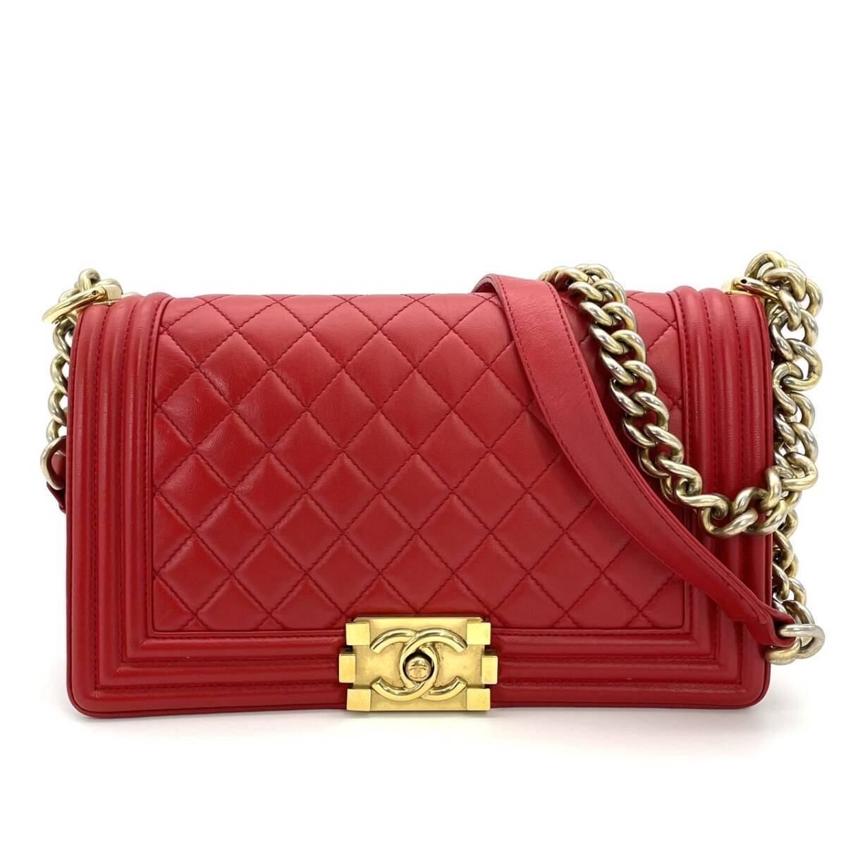 シャネル CHANEL ボーイシャネル マトラッセ レザー 赤 ゴールド