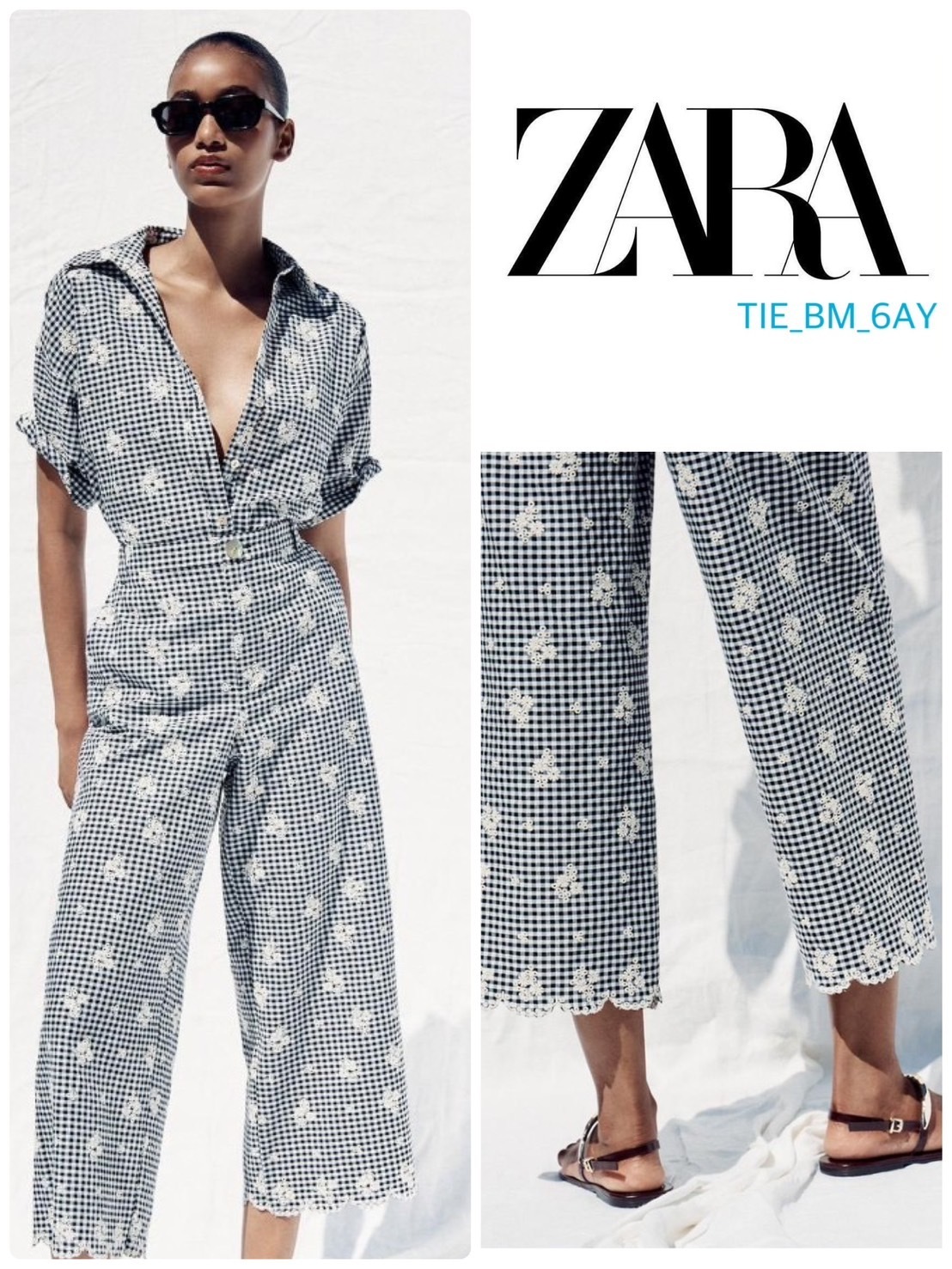 スペイン発送 ZARA 刺繍ギンガムキュロットパンツ カジュアル