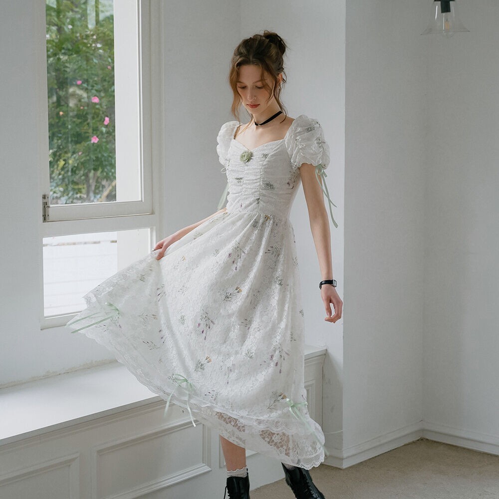 ★Cest Moidew★ Cest_Floral lace pleated puff sleeve dress