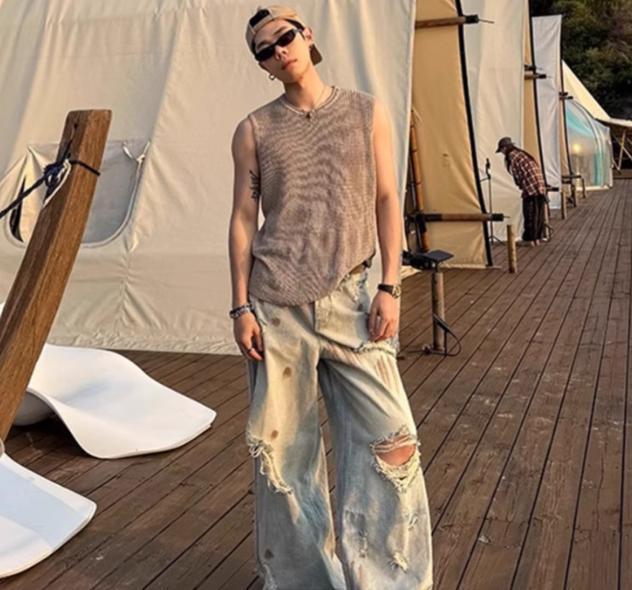 【ユニセックス】ヴィンテージクラッシュ ワイドデニムパンツ