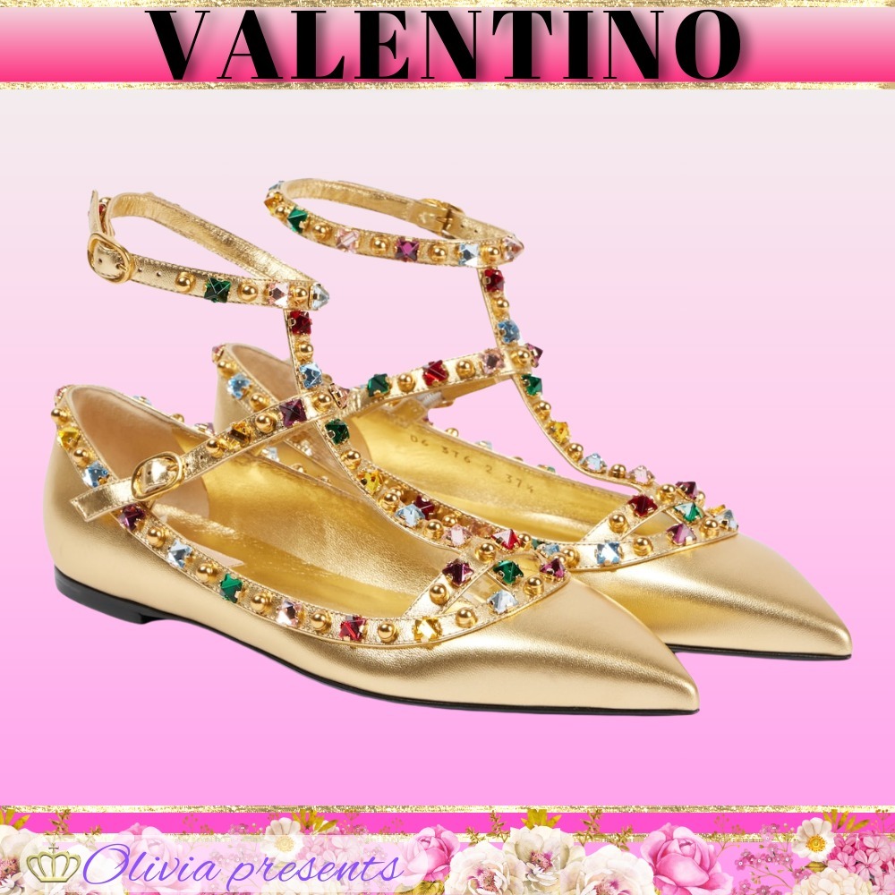 VALENTINO＞＞ロックスタッドメタリックレザーバレエフラット