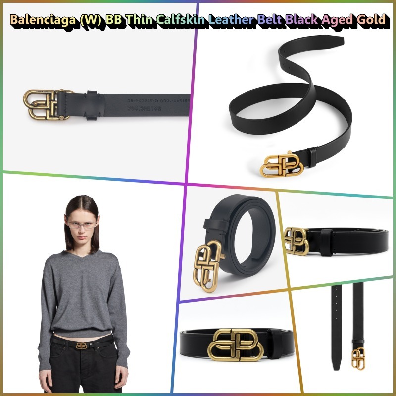 ★Balenciaga★(W) BB Thin Calfskin Belt★Black Aged Gold