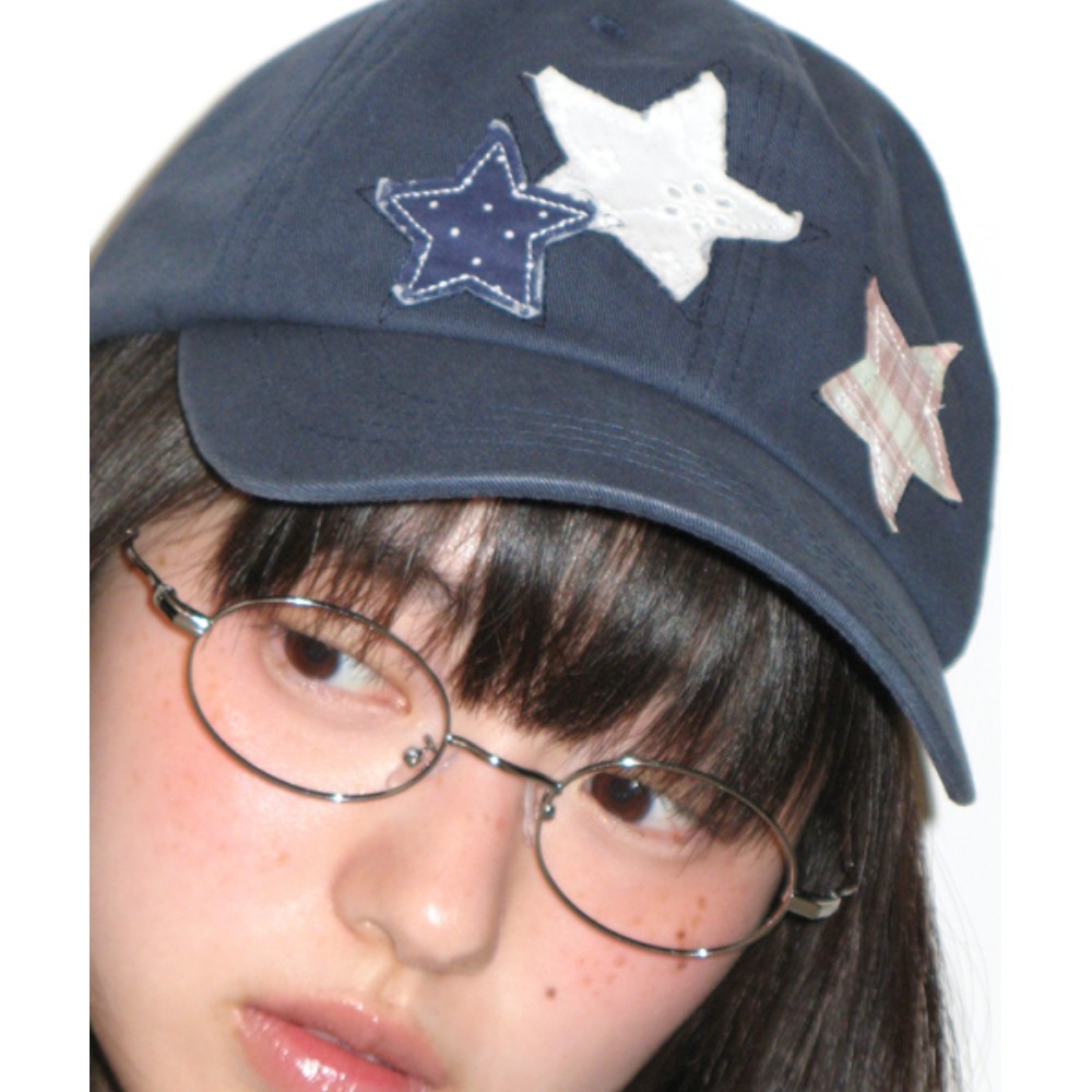 ★RONRON★ STAR PATCH MIXED APPLIQUE BALL CAP NAVY