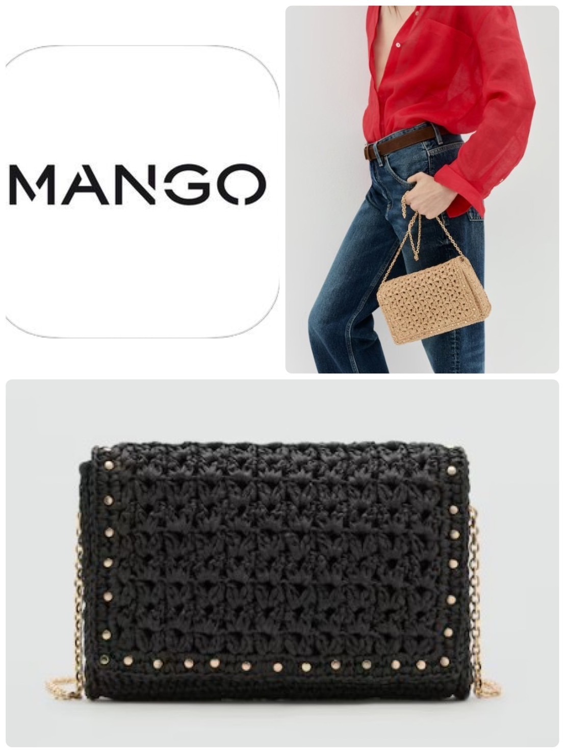 スペイン発送 MANGO スタッズ付き天然繊維ショルダーバッグ 新作
