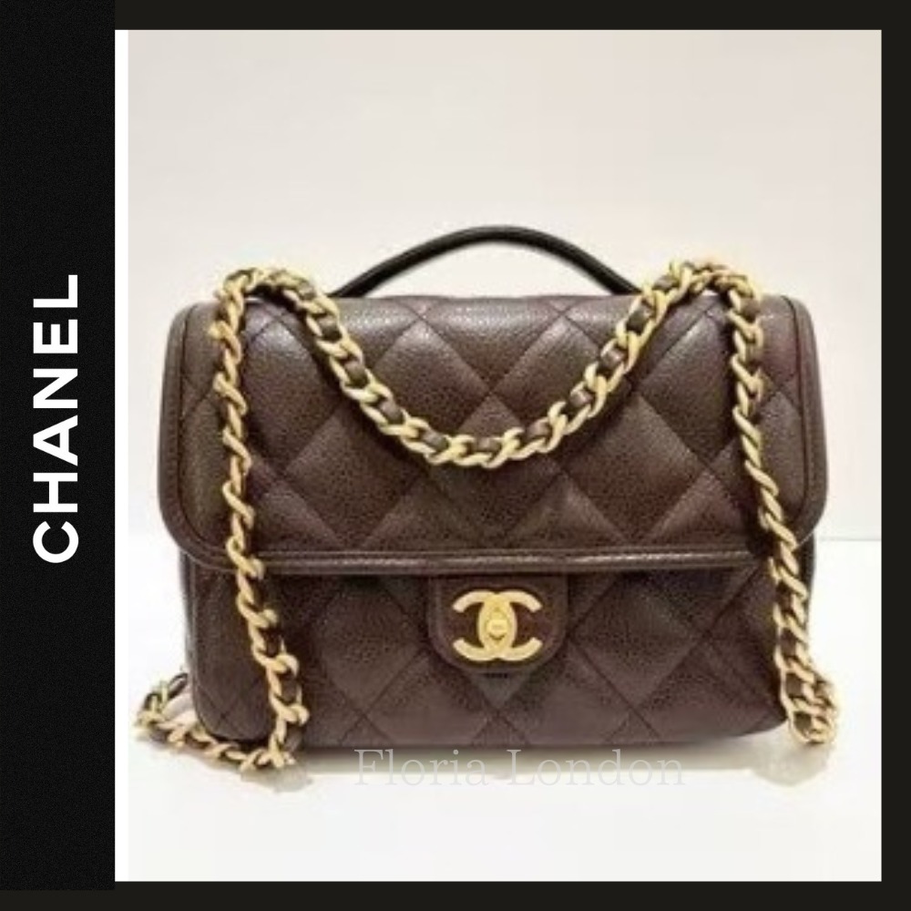 25A【CHANEL】 ハンドル フラップバッグ キャビア ブラウン