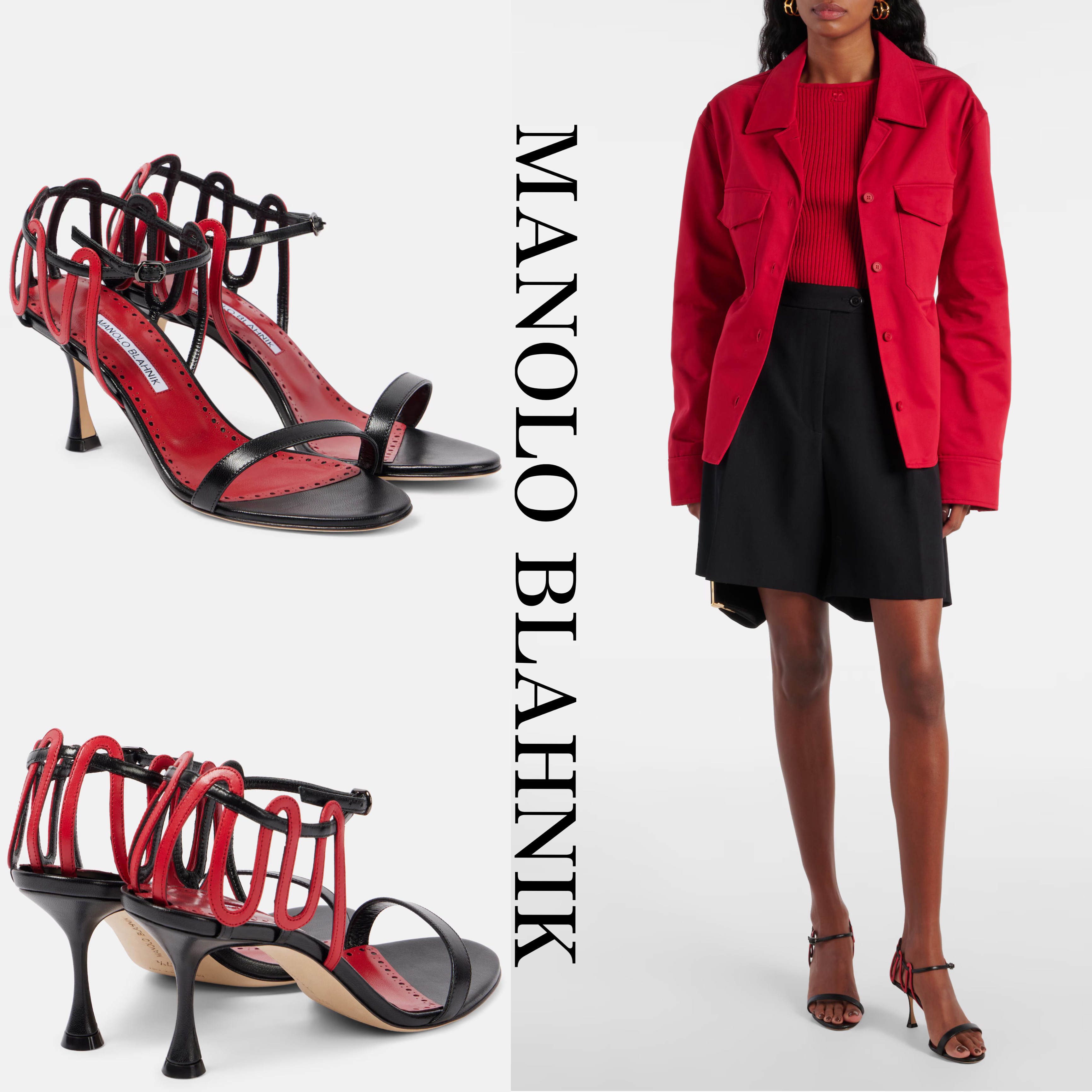MANOLO BLAHNIK* Chafarsan 70 レザーサンダル ブラック＆レッド