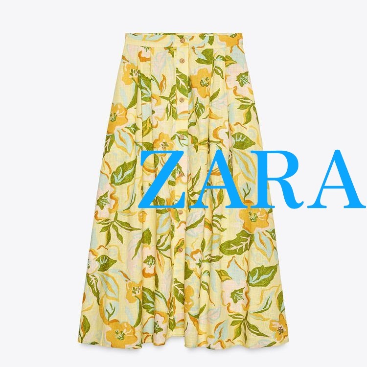 【ZARA】プリントリネンスカート イエロー | 8351/038/119