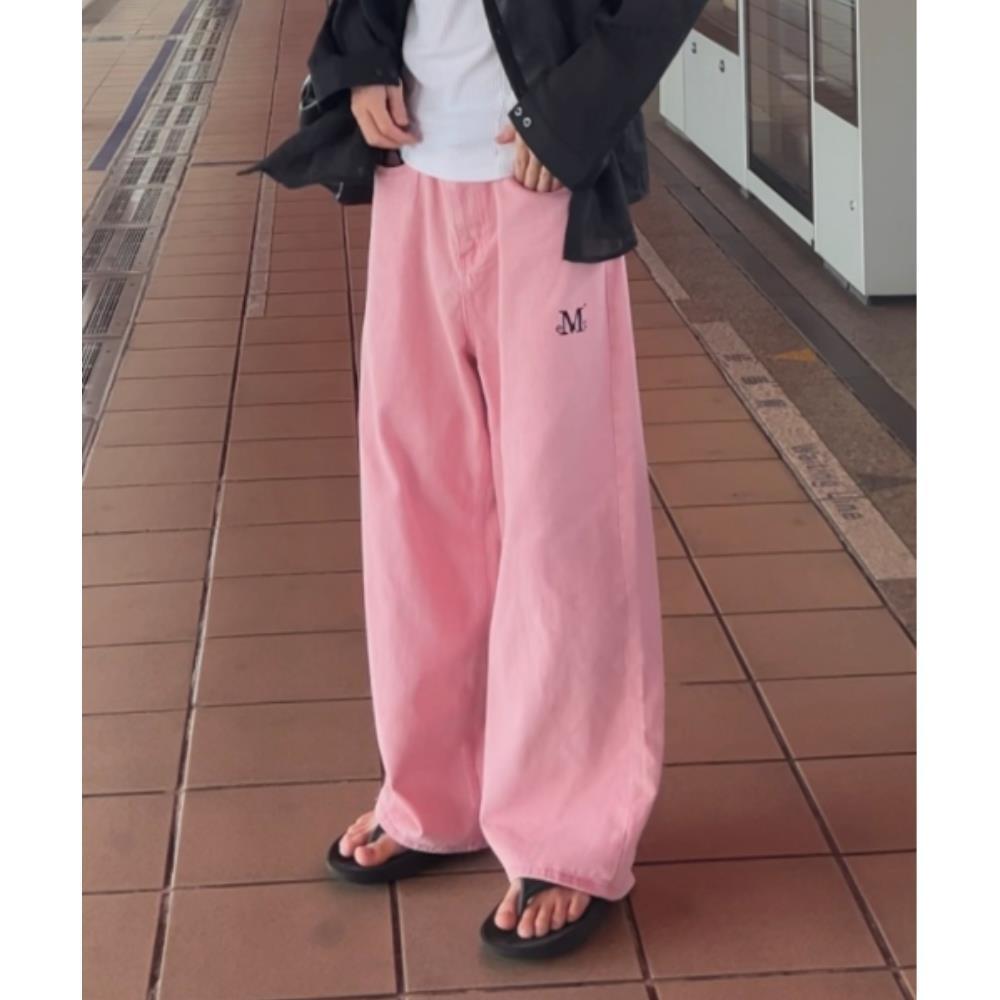 ★MUCENT★ Kido Back Leather Patch Logo Wide Denim Pants Uni