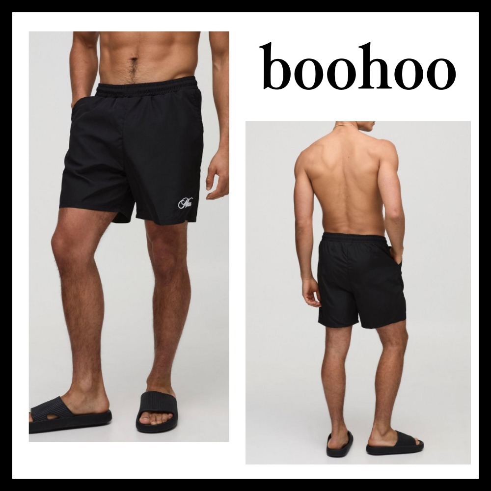 ◆boohoo◆ ミドル丈刺繍入りスイムショーツ / black