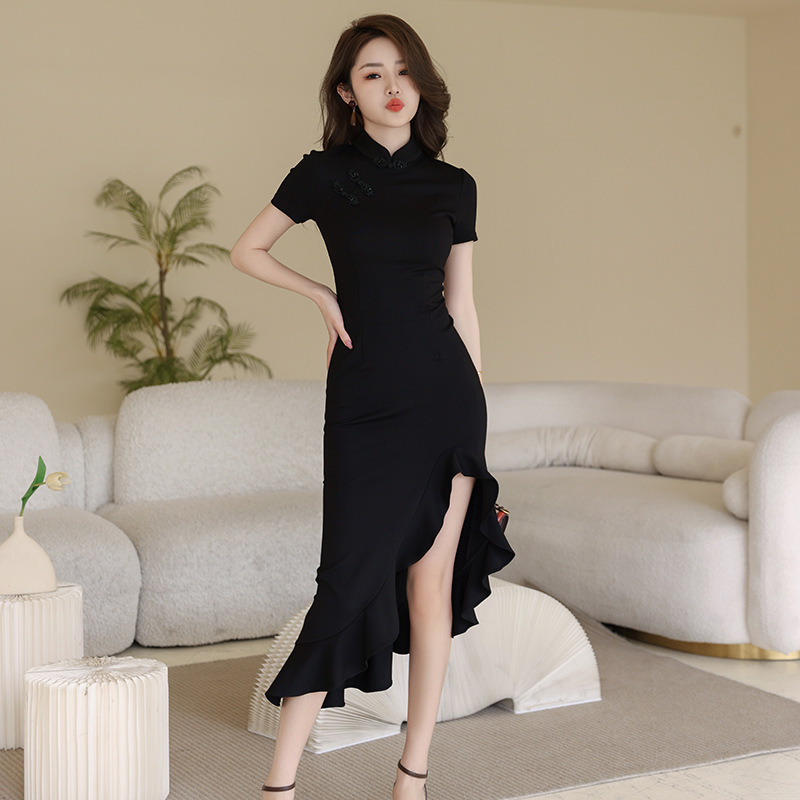 結婚式 パーティードレス ブラック フレア ワンピース 韓国