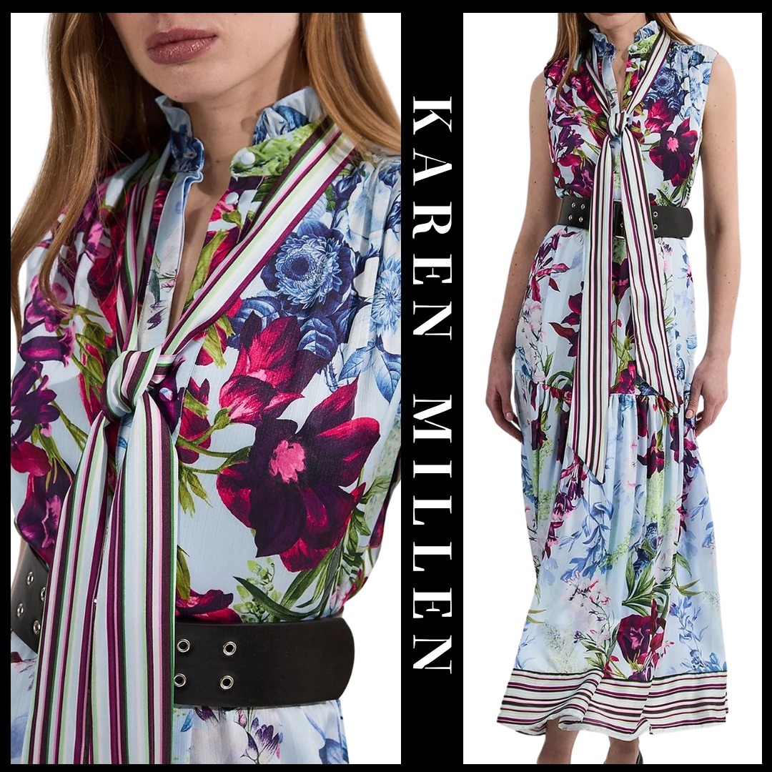 KAREN MILLEN 日本未入荷 花柄 タイネック ベルト マキシドレス
