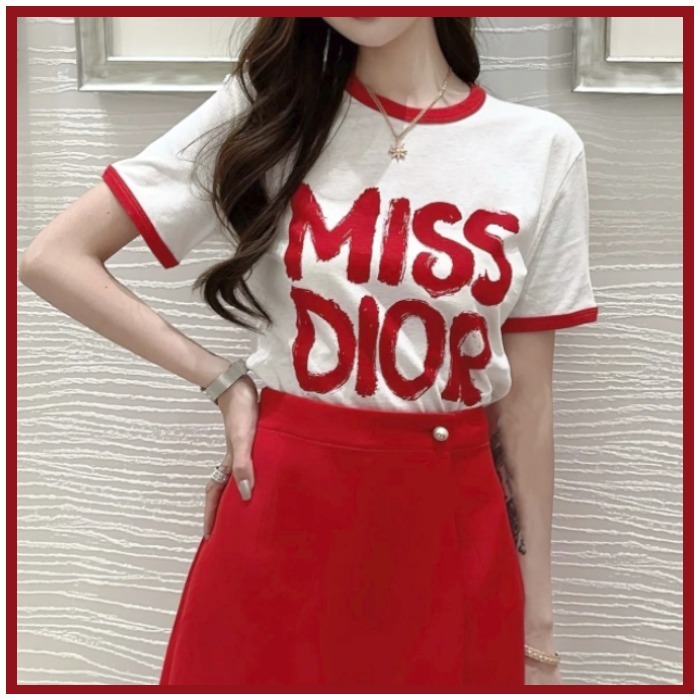 Dior《Tシャツ》白/赤 Miss Dior Graffiti コットン/リネン 直営