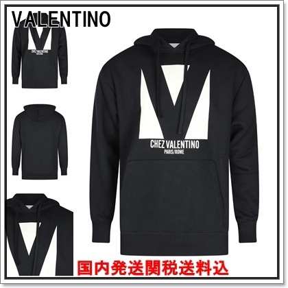 国内発 VALENTINO ロゴブラックコットンポケット長袖フーディー