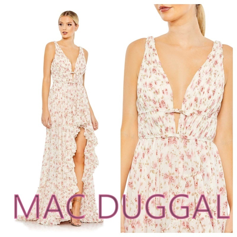【MAC DUGGAL】花柄 フリル シフォン Vネック マキシドレス