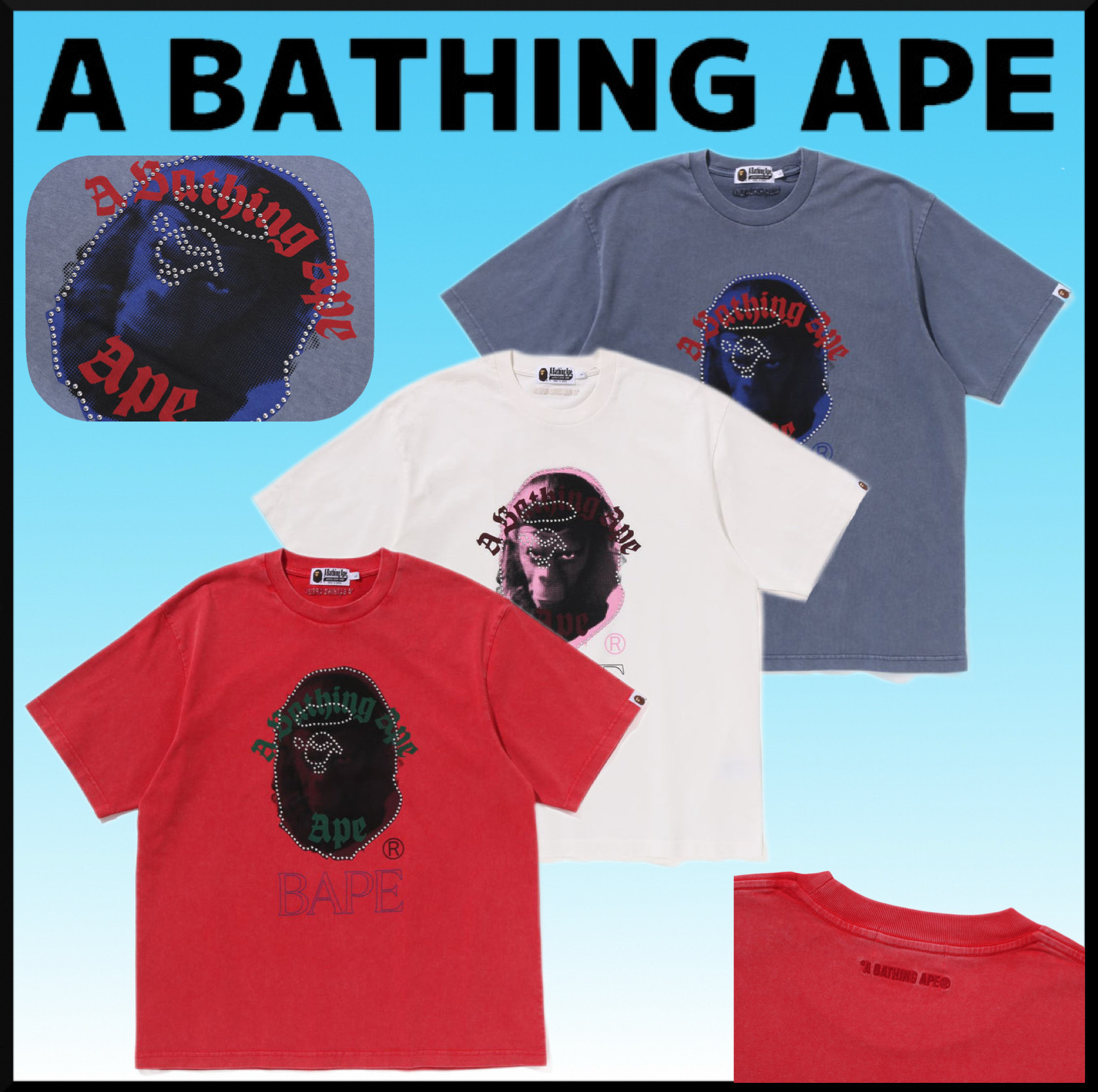 大人気★A BATHING APE GARMENT DYE RHINESTONE APE HEAD TEE