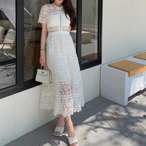 半袖 ロングワンピース フレア 総レース 大人可愛い シースルー