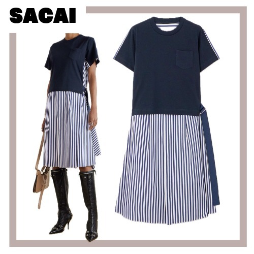 [SACAI]ベルト付きストライプコットン＆ジャージーミディドレス