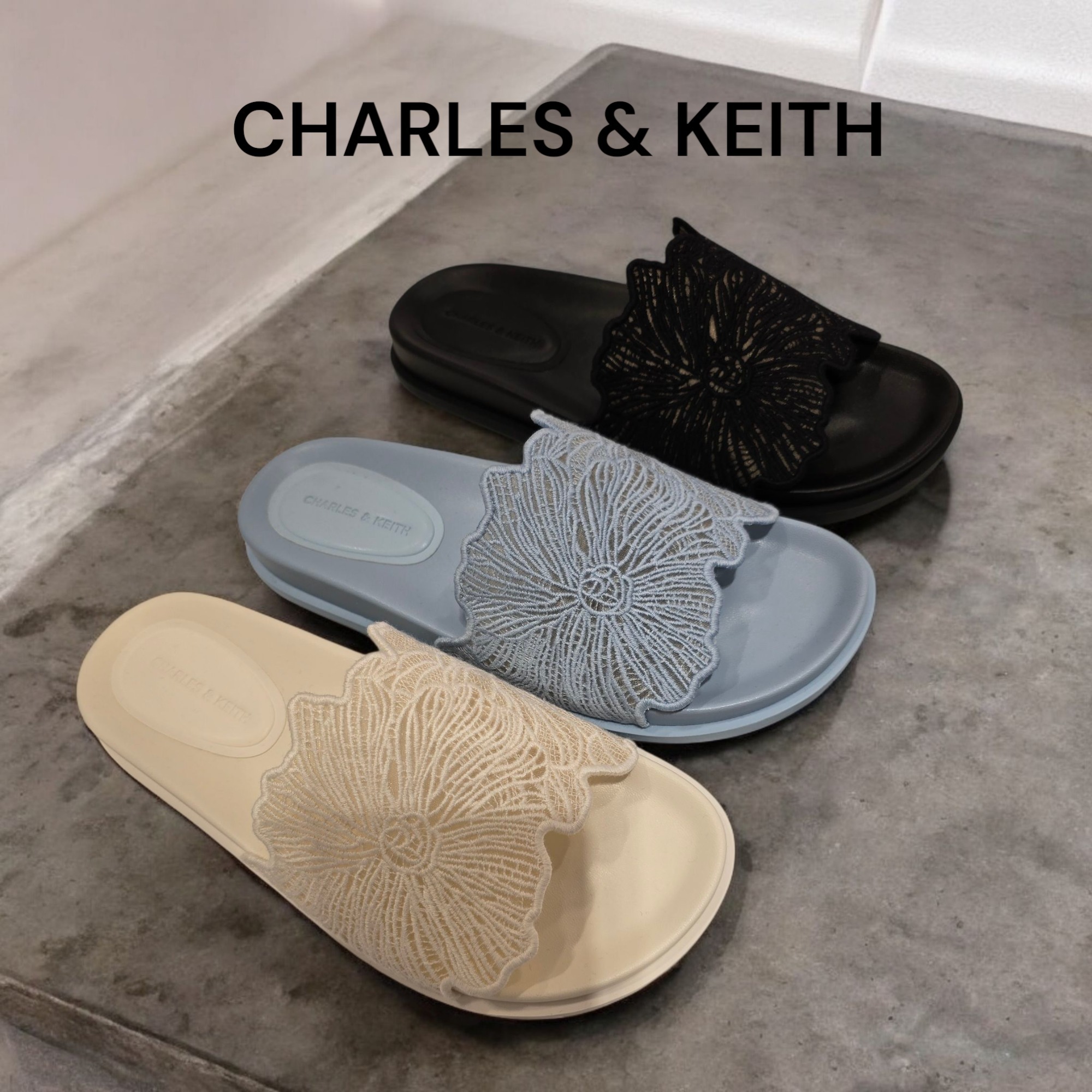 CHARLES & KEITH◆クロシェ フローラル スライドサンダル 送料込