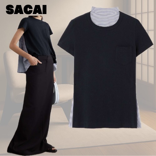 [SACAI]プリーツパネル ストライプのポプリンTシャツ